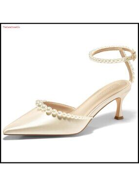 Satin Pearl Kitten Heel Closed Pointed Toe Ankle Strap Dress Pumps